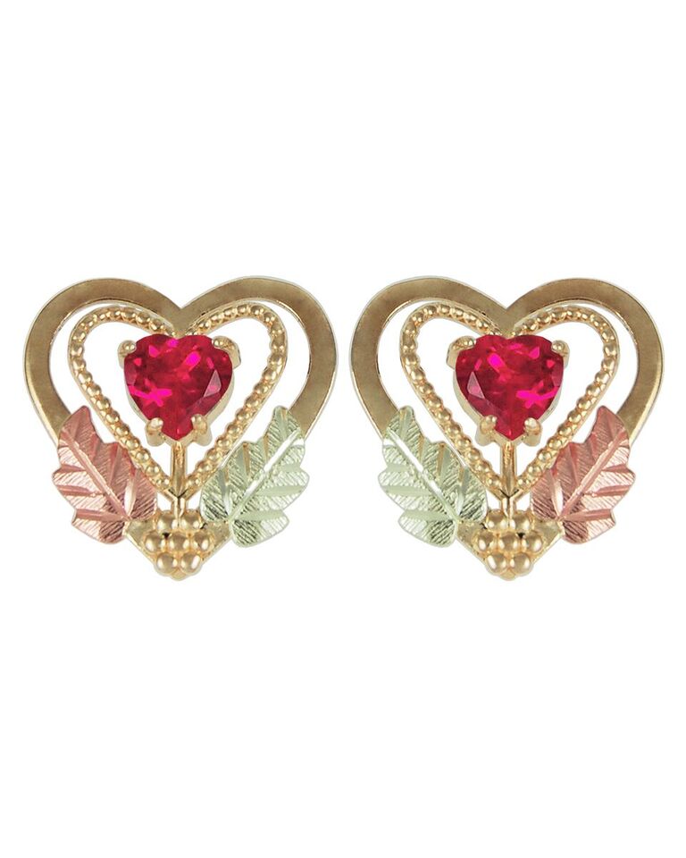 Lab Created Ruby Heart Earrings, 10k Yellow Gold, 12k Green and Rose Gold Black Hills Gold Motif