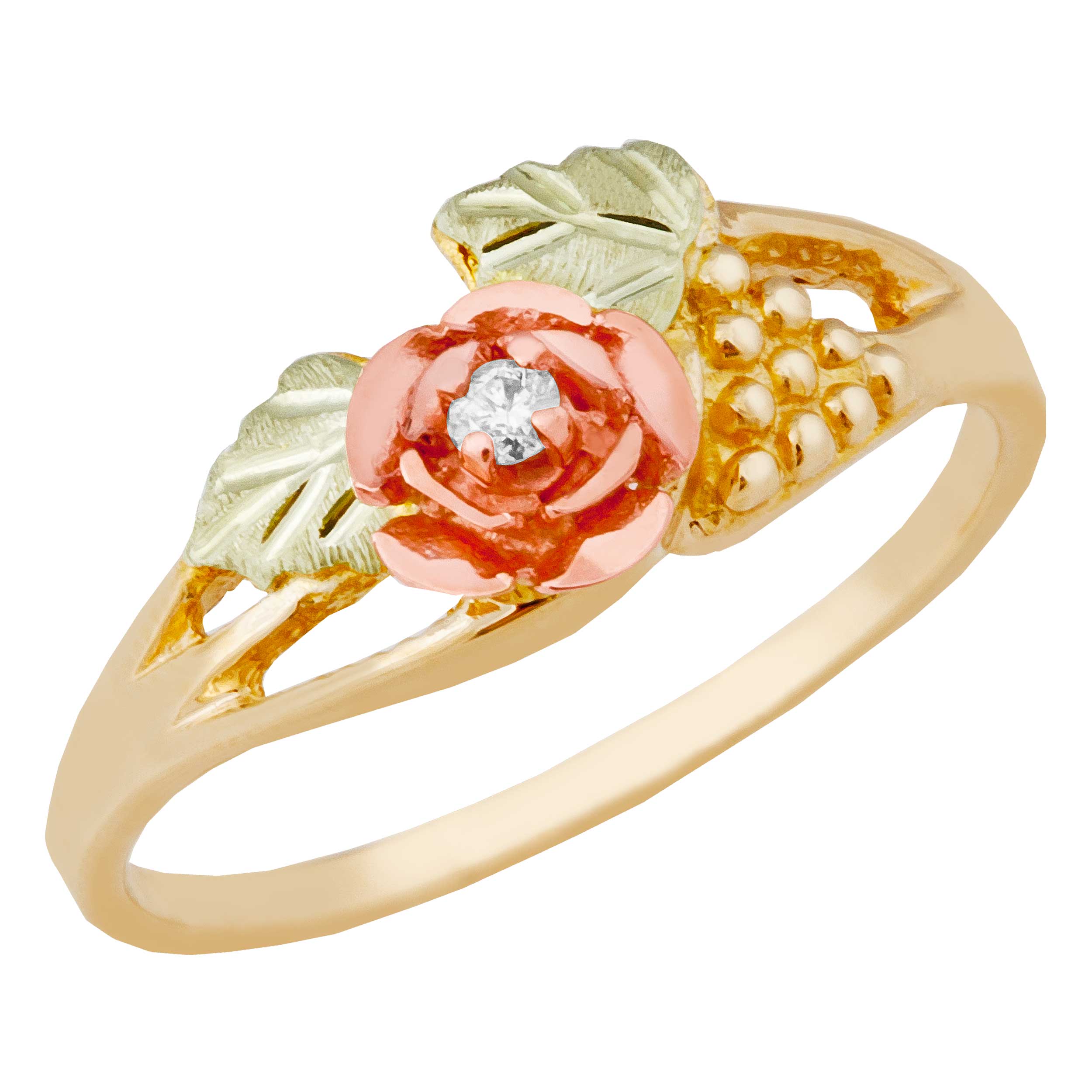 10k Yellow Gold Rose Ring with Diamond and Black Hills Gold motif. 