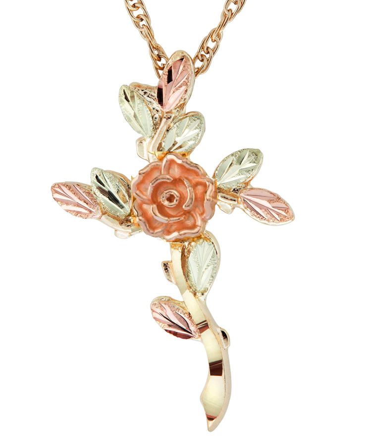 Beautiful Dakota Rose Cross on Black Hills Gold Jewelry is inspired by the Tree of Life cross; crafted in 10k yellow gold, 12k green and rose gold. Necklace is 18 inches in length. 