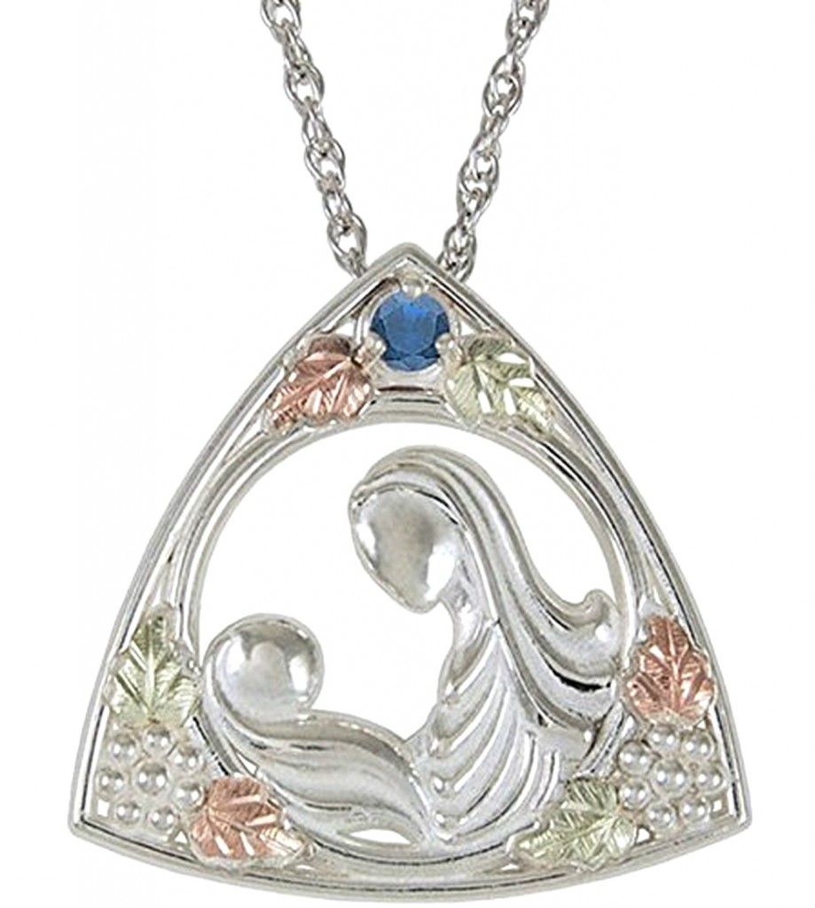 Blue Sapphire Mother & Child Pendant Necklace, Sterling Silver on Black Hills Gold.
