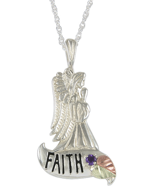 amethyst-faith-angel-pendant-necklace-sterling-silver12k-green- and-rose-gold-black-hills-gold-motif-25368A-AN1-GS-500mp Amethyst 'FAITH' Angel Pendant Necklace, Sterling Silver, 12k Green and Rose Gold Black Hills Gold Motif