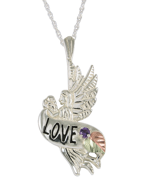 amethyst-love-angel-pendant-necklace-sterling-silver-12k-green-and-rose-gold-black-hills-gold-motif-25368A-AN3-GS-500mp Amethyst 'LOVE' Angel Pendant Necklace, Sterling Silver, 12k Green and Rose Gold Black Hills Gold Motif