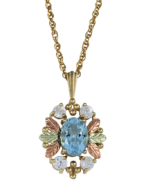 Aquamarine Pendant Necklace, 10k Yellow Gold, 12k Green and Rose Gold Black Hills Gold Motif