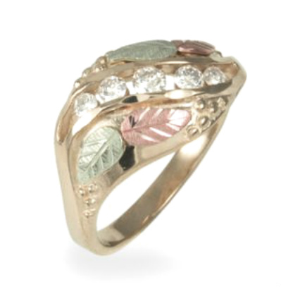 5 Stone Diamond Anniversary Ring, 10k Yellow Gold, 12k Rose Gold, 12k Green Gold, Black Hills Gold Motif