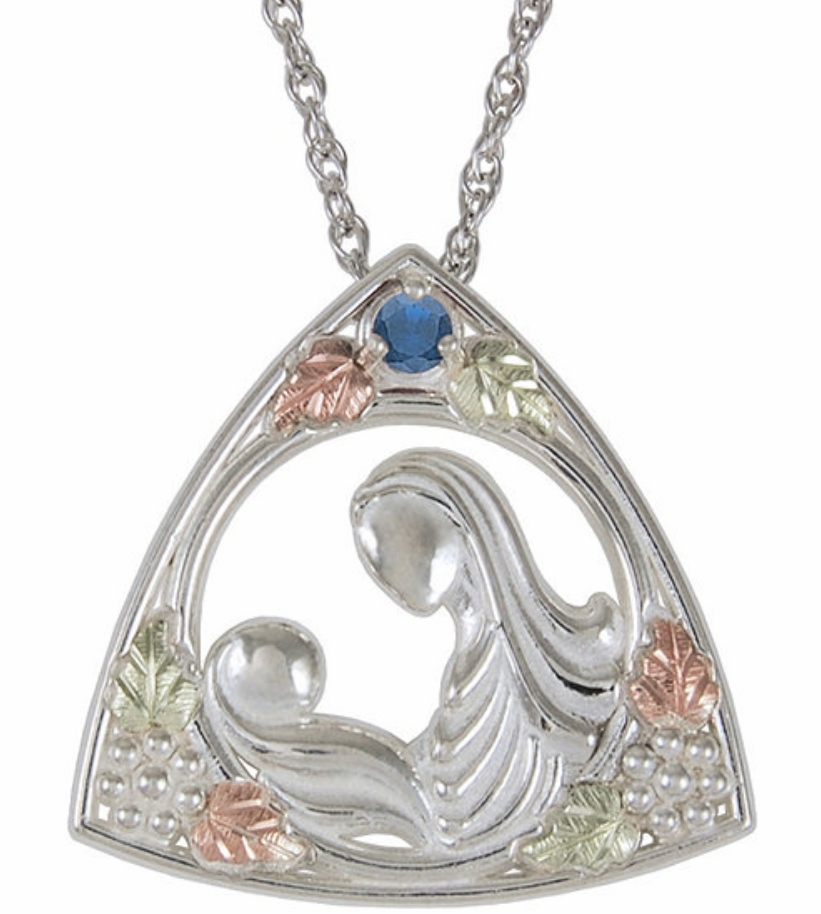 Sapphire Mother & Child Pendant Necklace, Sterling Silver, 12k Green and Rose Gold Black Hills Gold Motif
