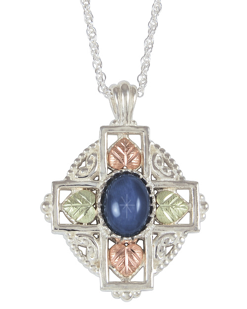 Blue Star Sapphire Cross Pendant Necklace, Sterling Silver, 12k Green and Rose Gold Black Hills Gold Motif