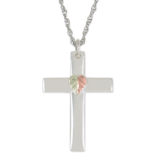 Sterling Silver Christian Cross Pendant Necklace, 12k Rose Gold, 12k Green Gold Black Hills Gold Motif