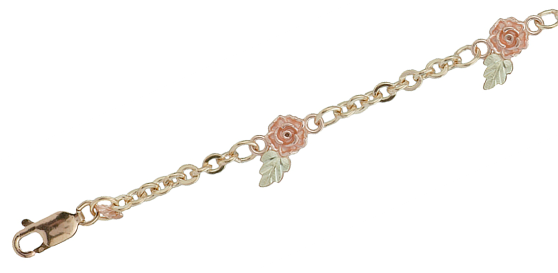 Close up of Rosette Bracelet, 10k yellow gold, 12k rose gold, 12k green gold, Black Hills Gold Motif.