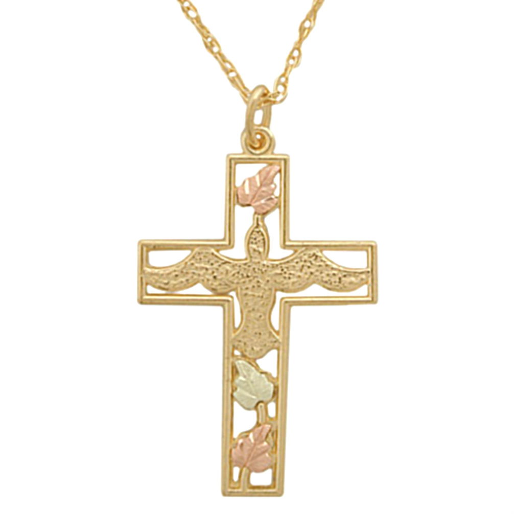 Cross and Dove Necklace in 10k Yellow Gold, 12k Green and Rose Gold Black Hills Gold Motif