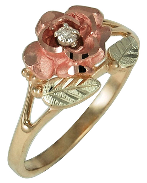 Dakota Rose Diamond Ring, 10k Yellow Gold, 12k Green and Rose Gold Black Hills Gold Motif 