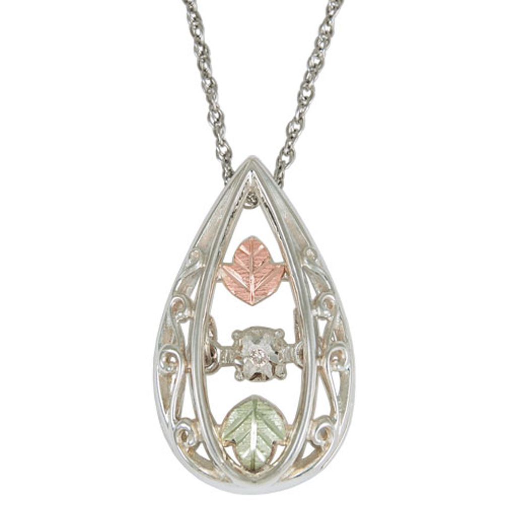Dancing Diamond Filigree Pendant Necklace, Sterling Silver, 12k Rose Gold, 12k Green Gold Black Hills Gold Motif