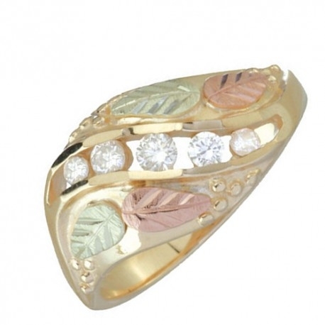 5 Stone Diamond Channel Set Ring, 10k Yellow Gold, 12k Green and Rose Gold Black Hills Gold Motif 