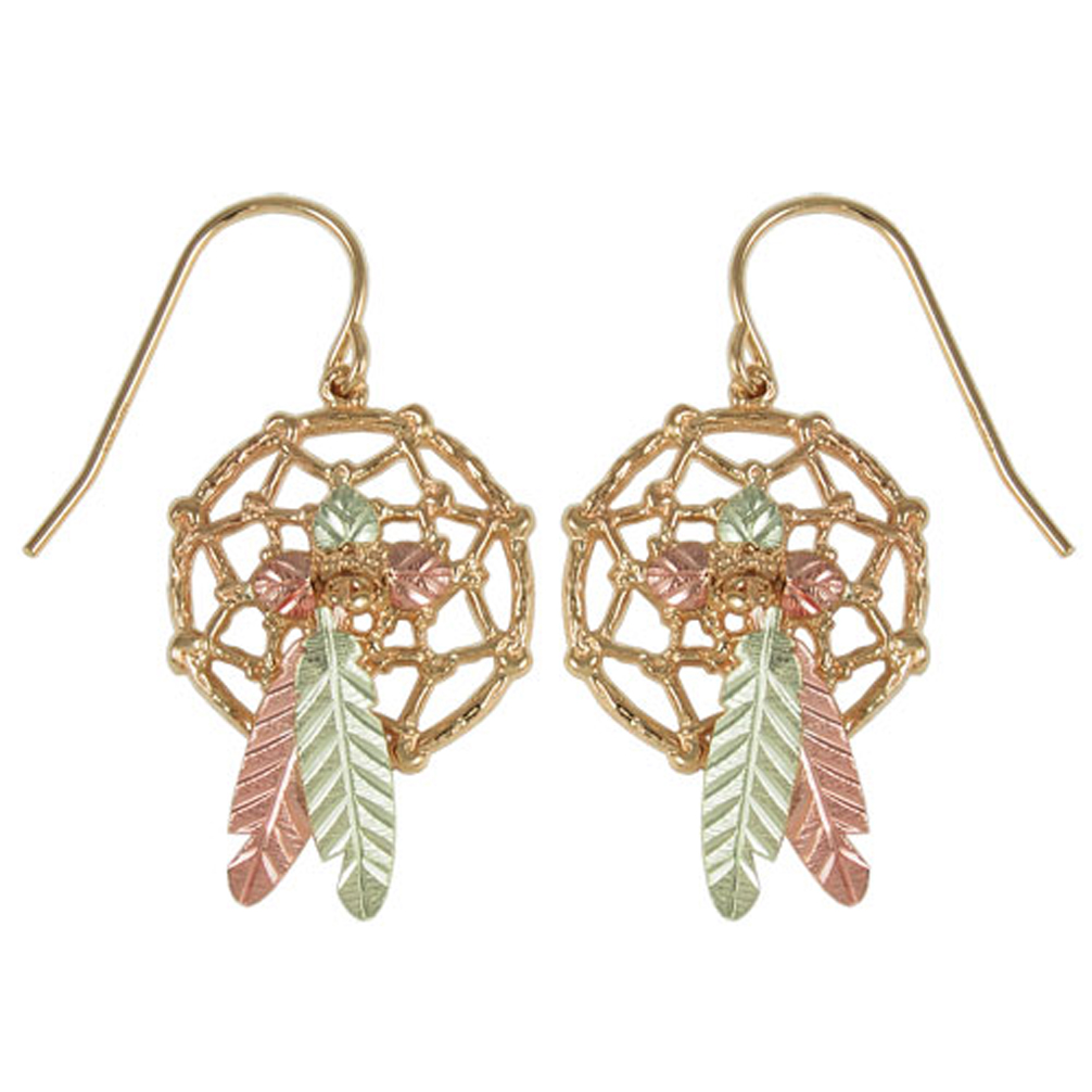 dream-catcher-feather-earrings-black-hills-gold-1006-50629-SH Dream Catcher Feather Earrings, 10k Yellow Gold, 12k Rose Gold, 12k Green Gold Black Hills Gold Motif