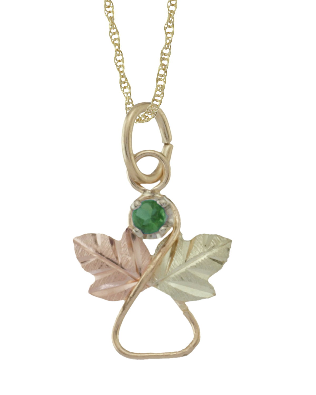 emerald-angel-heart-pendant-necklace-10k-yellow-gold-12k-green-and-rose-gold-black-hills-gold-motif-25211E Emerald Angel Heart Pendant Necklace, 10k Yellow Gold, 12k Green and Rose Gold Black Hills Gold Motif