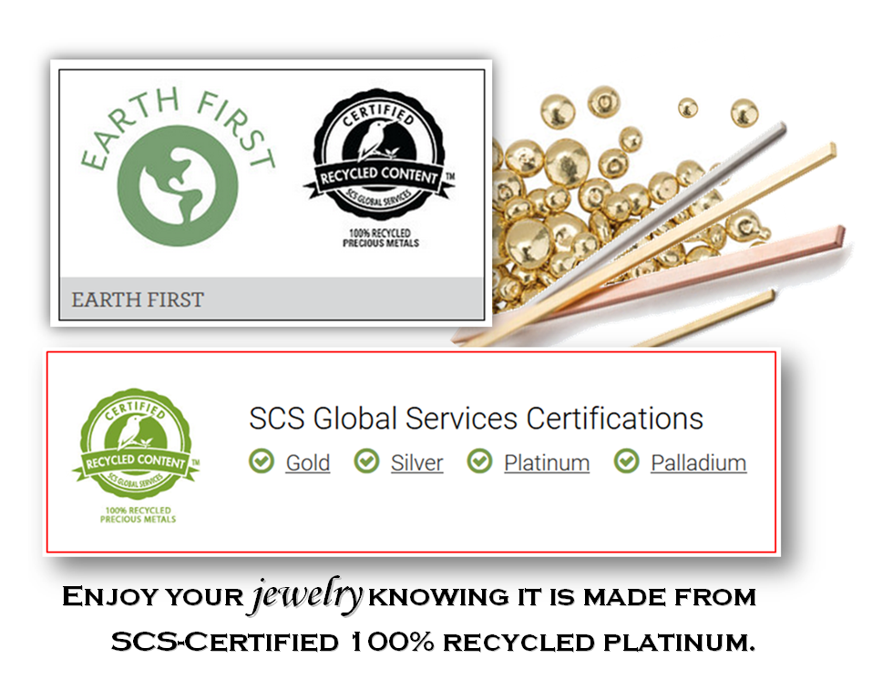 The platinum rings on this page are earth friendly as they are crafted with 100 percent recycled karats using the strict SCS Global Services Certifications system.
