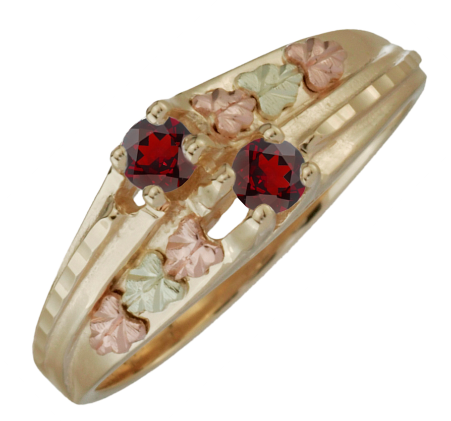 2 Stone Garnet Ring, 10k Yellow Gold, 12k Green Gold, 12k Rose Gold Black Hills Gold Motif