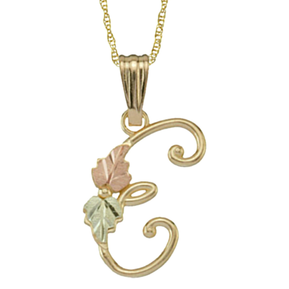 Initial 'E' Pendant Necklace, 10k Yellow Gold, 12k Green and Rose Gold Black Hills Gold Motif