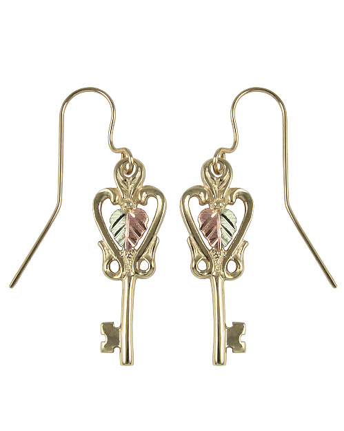 Key Earrings, 10k Yellow Gold, 12k Green and Rose Gold Black Hills Gold Motif