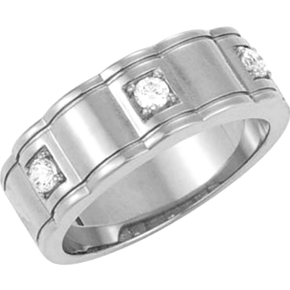 Men’s 14k White Gold 3 Stone Diamond Scallop Edged Ring. 