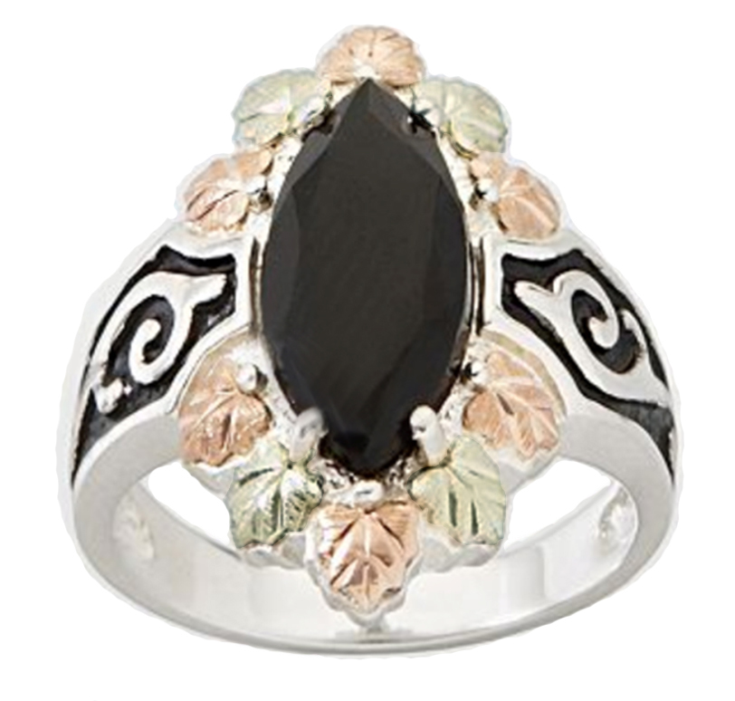 Onyx Black Hills Gold Motif Halo Ring, Sterling Silver, 12k Rose Gold,12k Green Gold