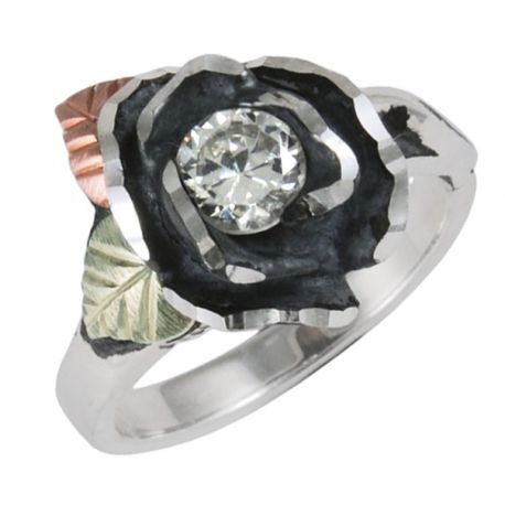Oxidized Flower Ring, Sterling Silver, 12k Green Gold, 12k Rose Gold Black Hills Gold Motif.