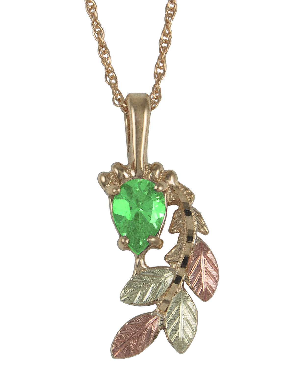 Pear Peridot Pendant Necklace, 10k Yellow Gold, 12k Green and Rose Gold Black Hills Gold Motif