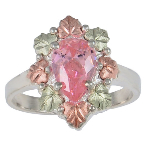 Pink Pear CZ Black Hills Gold Motif Halo Ring, Sterling Silver, 12k Rose Gold, 12k Green Gold