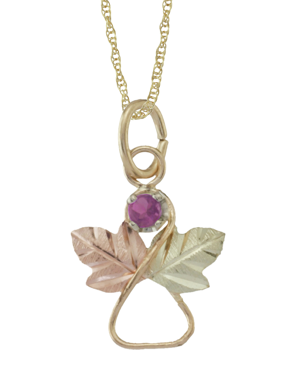 pink-tourmaline-angel-heart-pendant-necklace-10k-yellow-gold-12k-green-and-rose-gold-black-hills-gold-motif-25211K Pink Tourmaline Angel Heart Pendant Necklace, 10k Yellow Gold, 12k Green and Rose Gold Black Hills Gold Motif