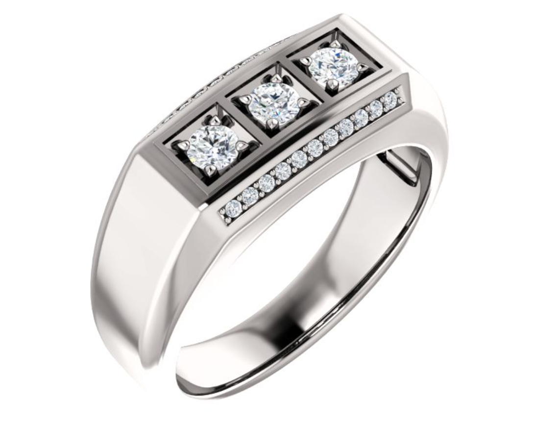 3-Stone Bright Set Diamond Rhodium Plate 14k White Gold Flat Top Ring. 