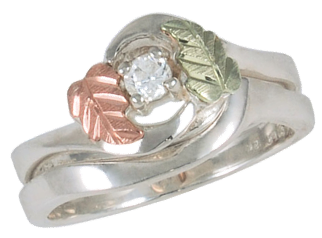 White CZ Ring, Sterling Silver, 12k Green and Rose Gold Black Hills Gold Motif