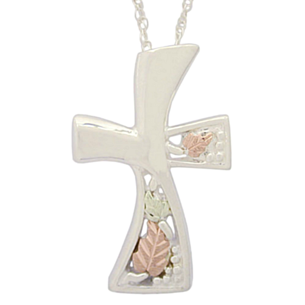 Cross Pendant Necklace, Sterling Silver, 12k Green and Rose Gold Black Hills Gold Motif