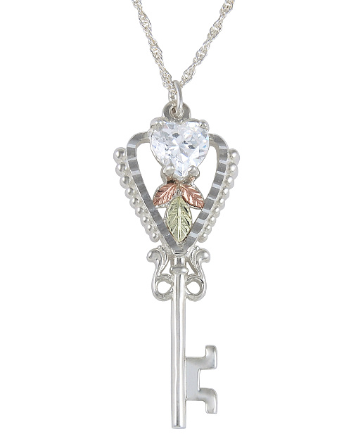 CZ Heart Key Pendant Necklace, Sterling Silver, 12k Green and Rose Gold Black Hills Gold Motif