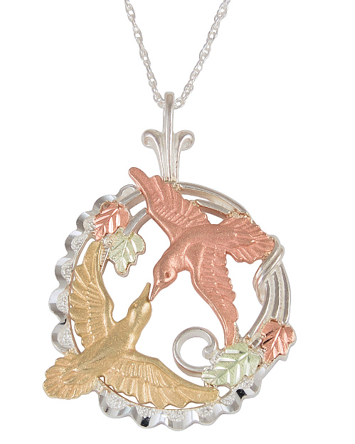 Dove Circle Pendant Necklace, Sterling Silver, 12k Green and Rose Gold Black Hills Gold Motif