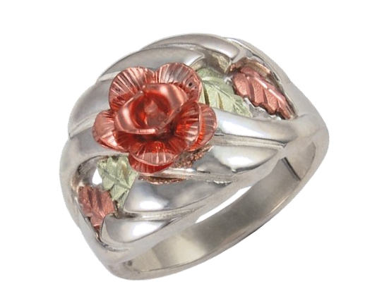 Embossed Flower Band, Sterling Silver, 12k Green and Rose Gold Black Hills Gold Motif.