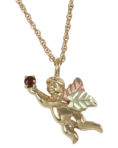 Garnet Angel Pendant Necklace in 10k Yellow Gold, 12k Green and Rose Gold Black Hills Gold Motif