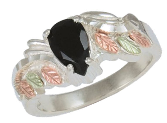 Onyx Pear Ring, Sterling Silver, 12k Green and Rose Gold Black Hills Gold Motif