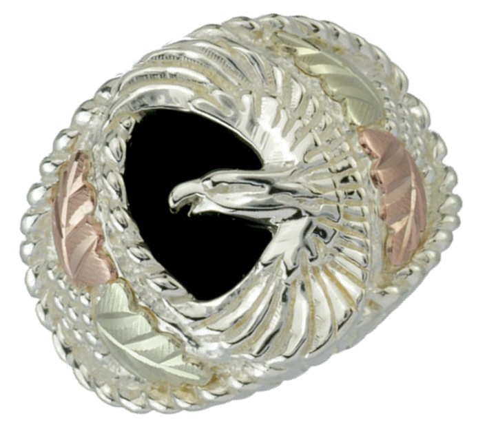 Onyx American Eagle Ring, Sterling Silver, 12k Green and Rose Gold Black Hills Gold Motif