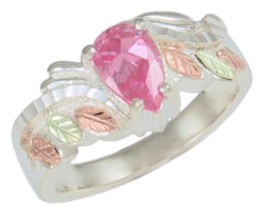 Pink Faceted Pear Cubic Zirconia Ring, Sterling Silver, 12k Green and Rose Gold Black Hills Gold Motif