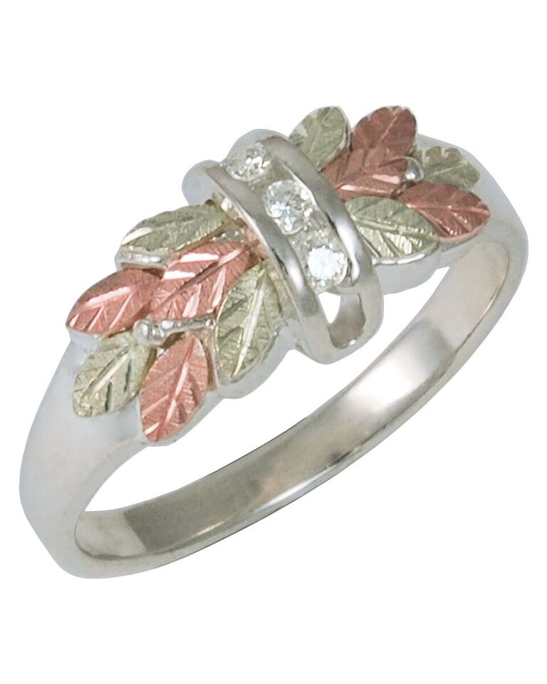sterling-silver-black-hills-gold-ring-4843D3-GS-angle Diamond Petite Leaf 3-Stone Ring, Sterling Silver, 12k Green and Rose Gold Black Hills Gold Motif