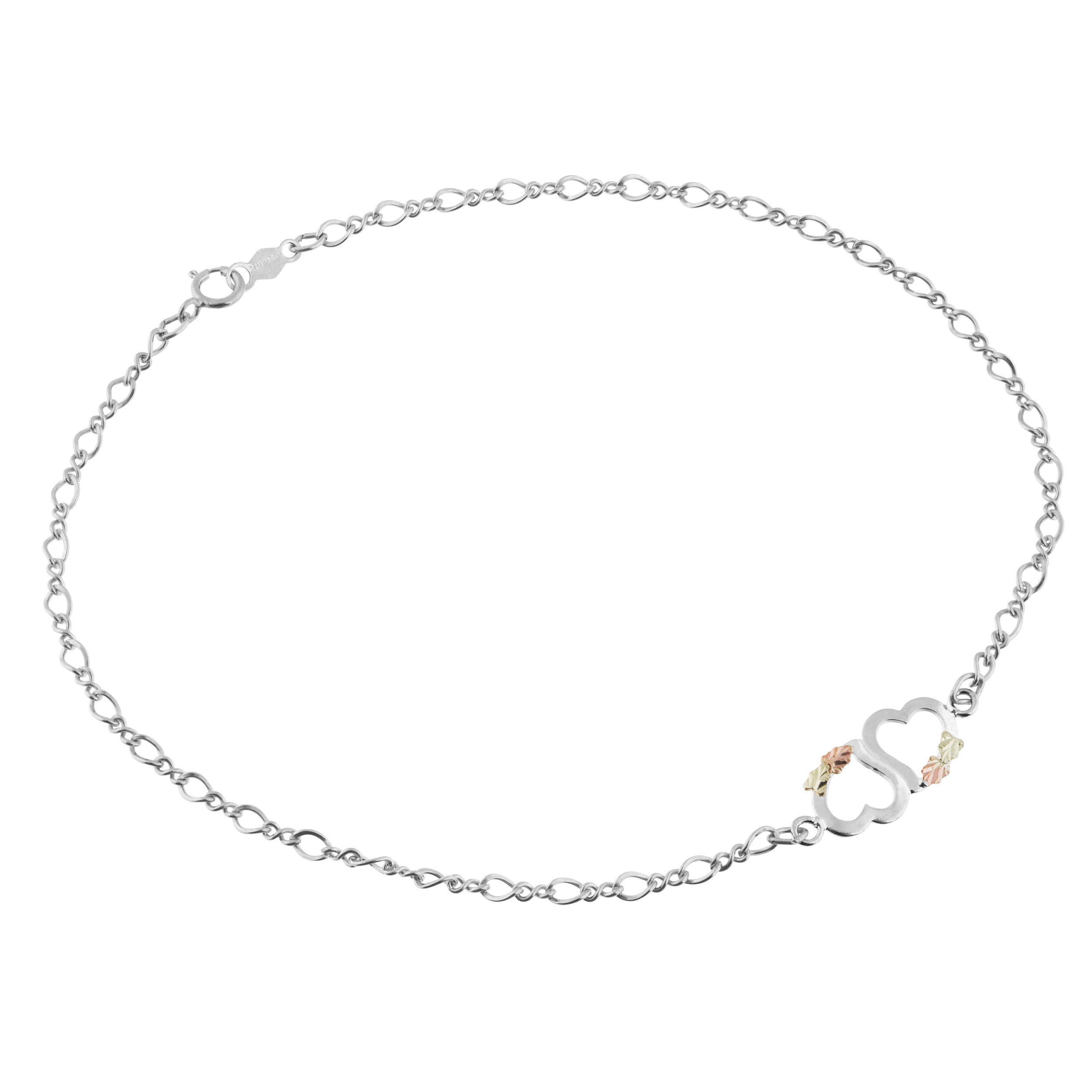 Two hearts ankle bracelets in sterling silver with petite 12k rose gold and 12k green gold grape leaves. 