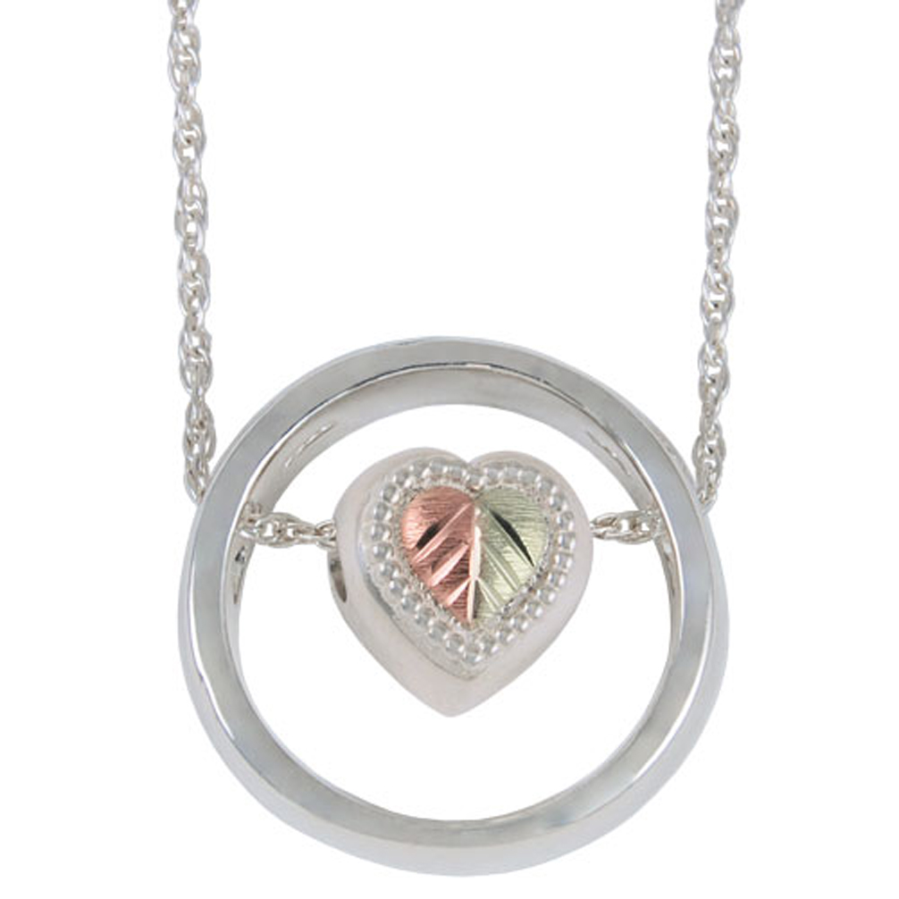 circle-floating-heart-necklace-26251-AN-GS-1006 Floating Heart 'Love' Necklace, Sterling Silver, 12k Rose Gold, 12k Green Gold Black Hills Gold Motif