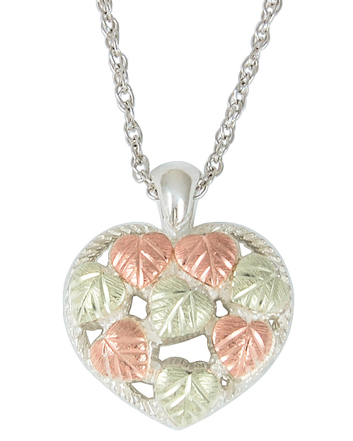 Heart Cluster Pendant Necklace, Sterling Silver, 12k Green and Rose Gold Black Hills Gold Motif