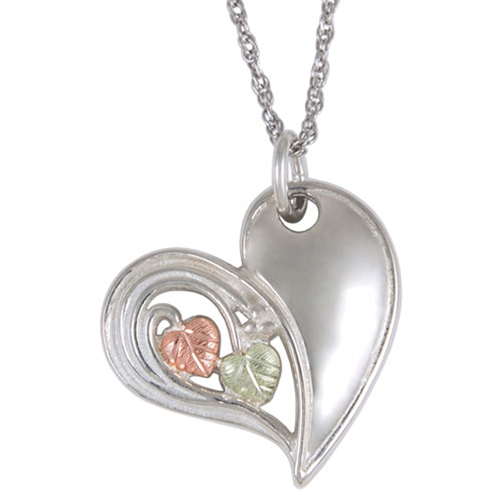 Heart Pendant Necklace, Sterling Silver, 12k Rose Gold, 12k Green Gold Black Hills Gold Motif