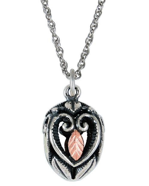 Oxidized Heart Pendant Necklace, Sterling Silver, 12k Green and Rose Gold Black Hills Gold Motif