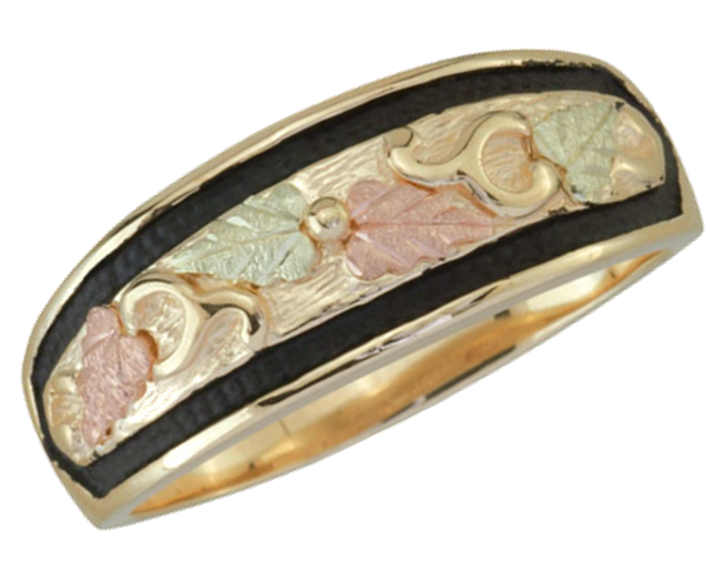 Men's Antiqued Ring, 10k Yellow Gold, 12k Green and Rose Gold Black Hills Gold Motif.