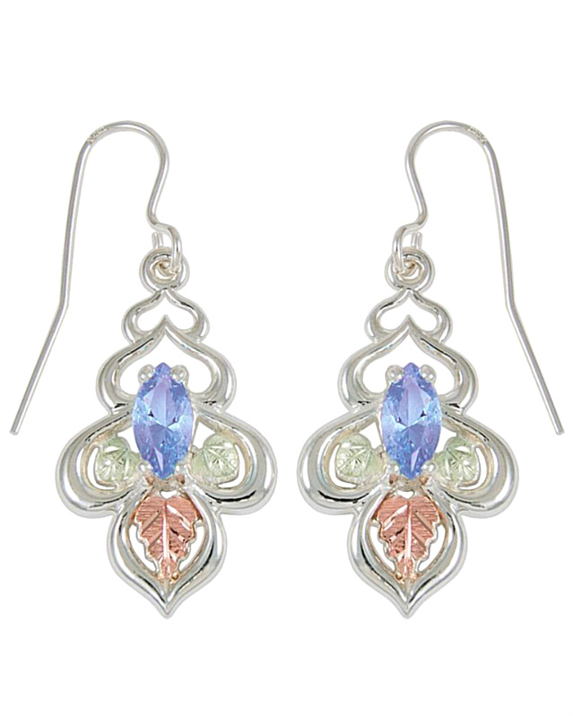 Blue Mt. St. Helen's Marquise Earrings, Sterling Silver, 12k Green and Rose Gold Black Hills Gold Motif
