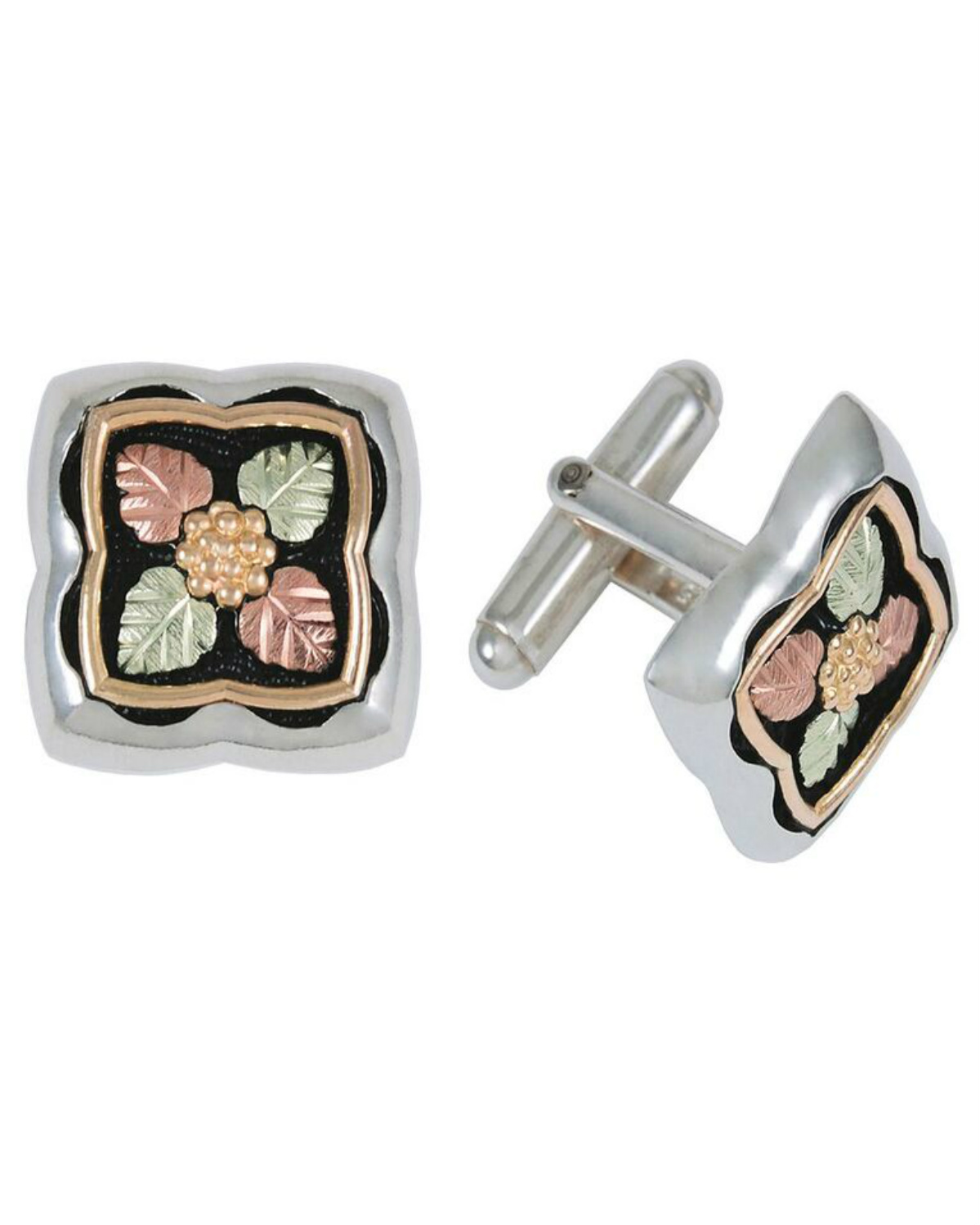 6160-GS-10-cufflink-sterling-silver-1200 Quatrefoil Cufflinks, 10k Yellow Gold, Sterling Silver, 12k Green and Rose Gold Black Hills Gold Motif