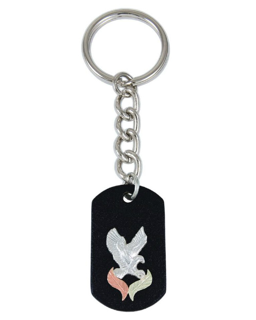 7247-BR-GS-sterling-silver-500 Black Powder Coat Eagle Key Chain, Sterling Silver, 10k Yellow Gold, 12k Green and Rose Gold Black Hills Gold Motif