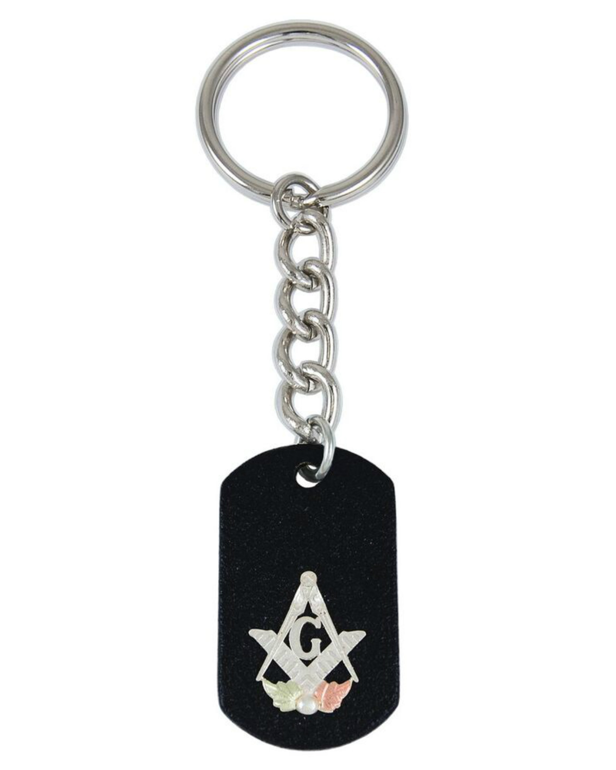 7248-BR-GS-sterling-silver-1200 Black Podwer Coat Masonic Key Chain, Sterling Silver, 12k Green and Rose Gold Black Hills Gold Motif