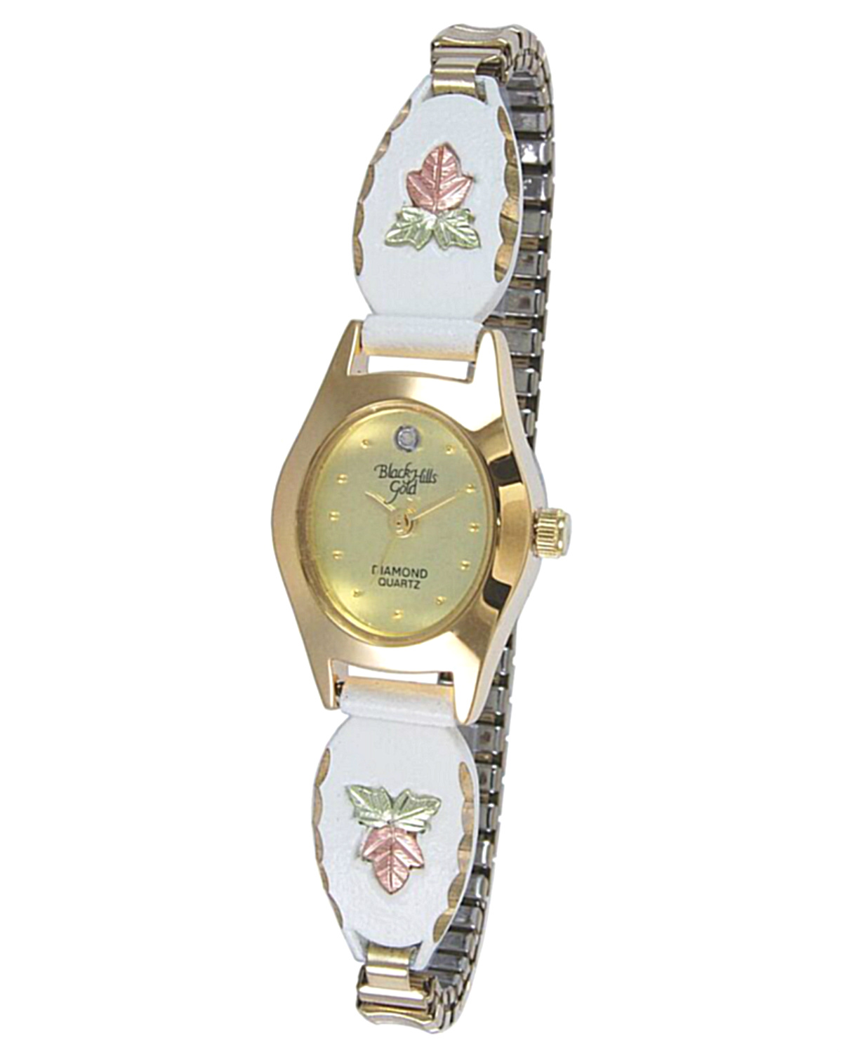 9-WB144-WHT-White Powder Coated Champagne Face Watch-1200 "White Powder Coated Champagne Face Watch, 10k Yellow Gold, 12k Green and Rose Gold Black Hills Gold Motif "